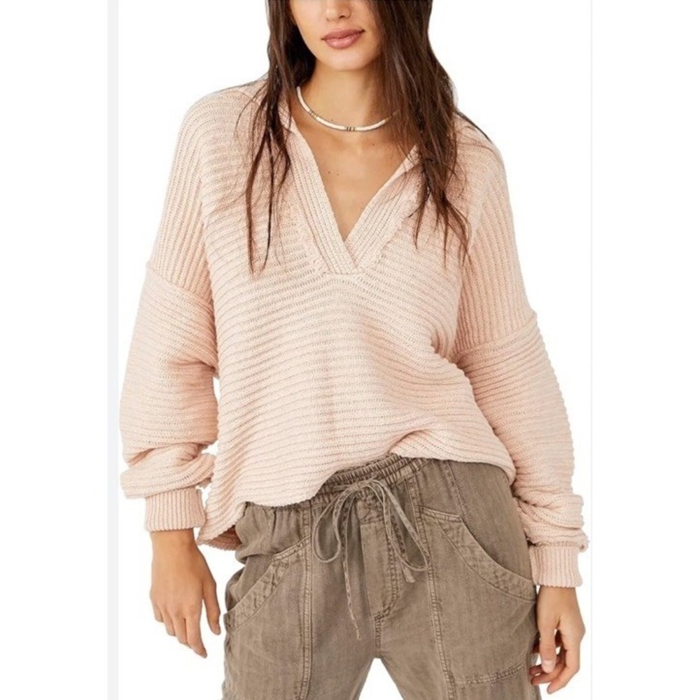 FREE‎ PEOPLE "Marlie" Slouchy Knit Sweater Dusty Pink V Neck Sweater Size L Boho